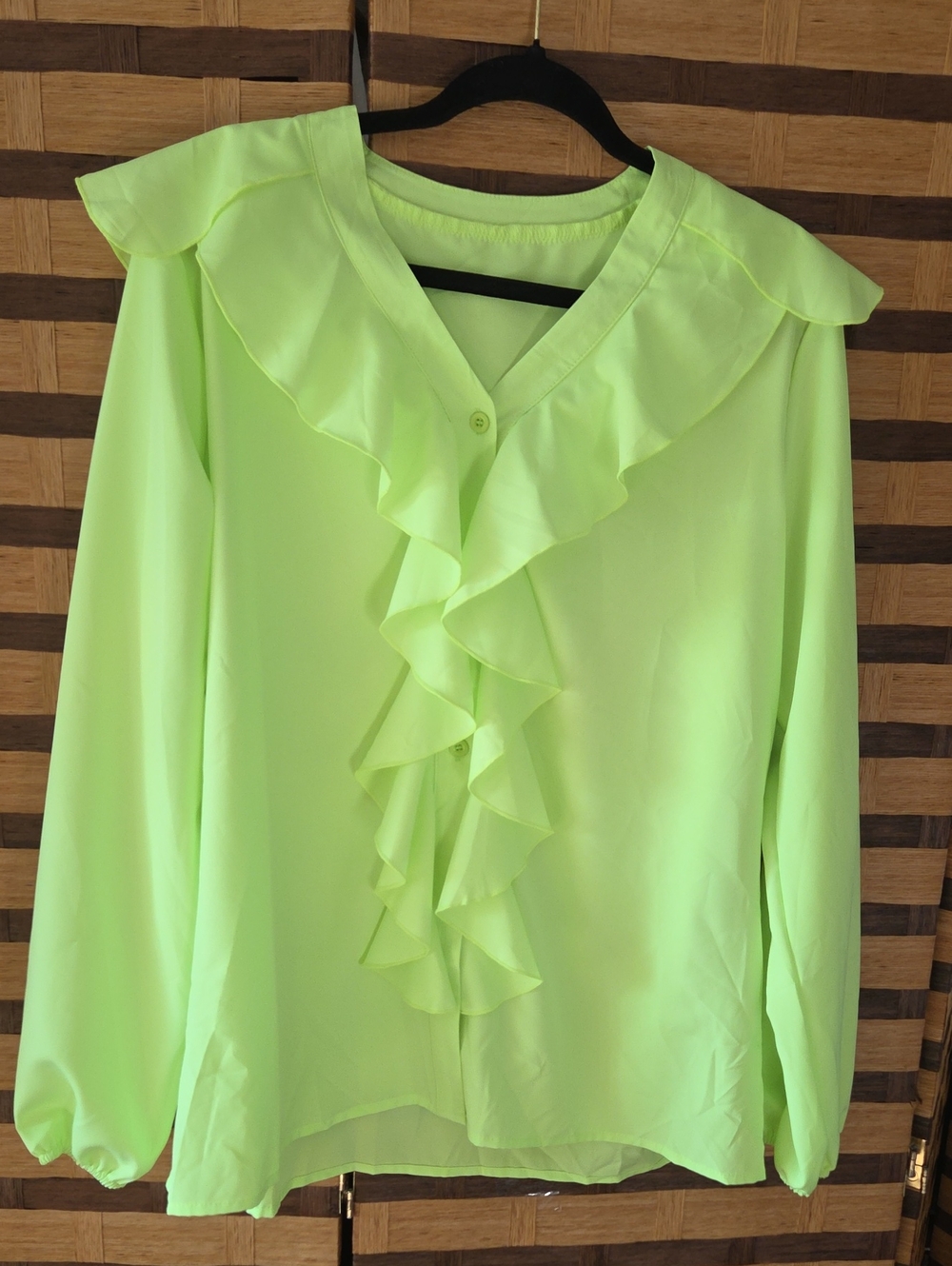 Neon Lime Ruffle V-Neck Blouse - Women Tops - Picture 1 of 6